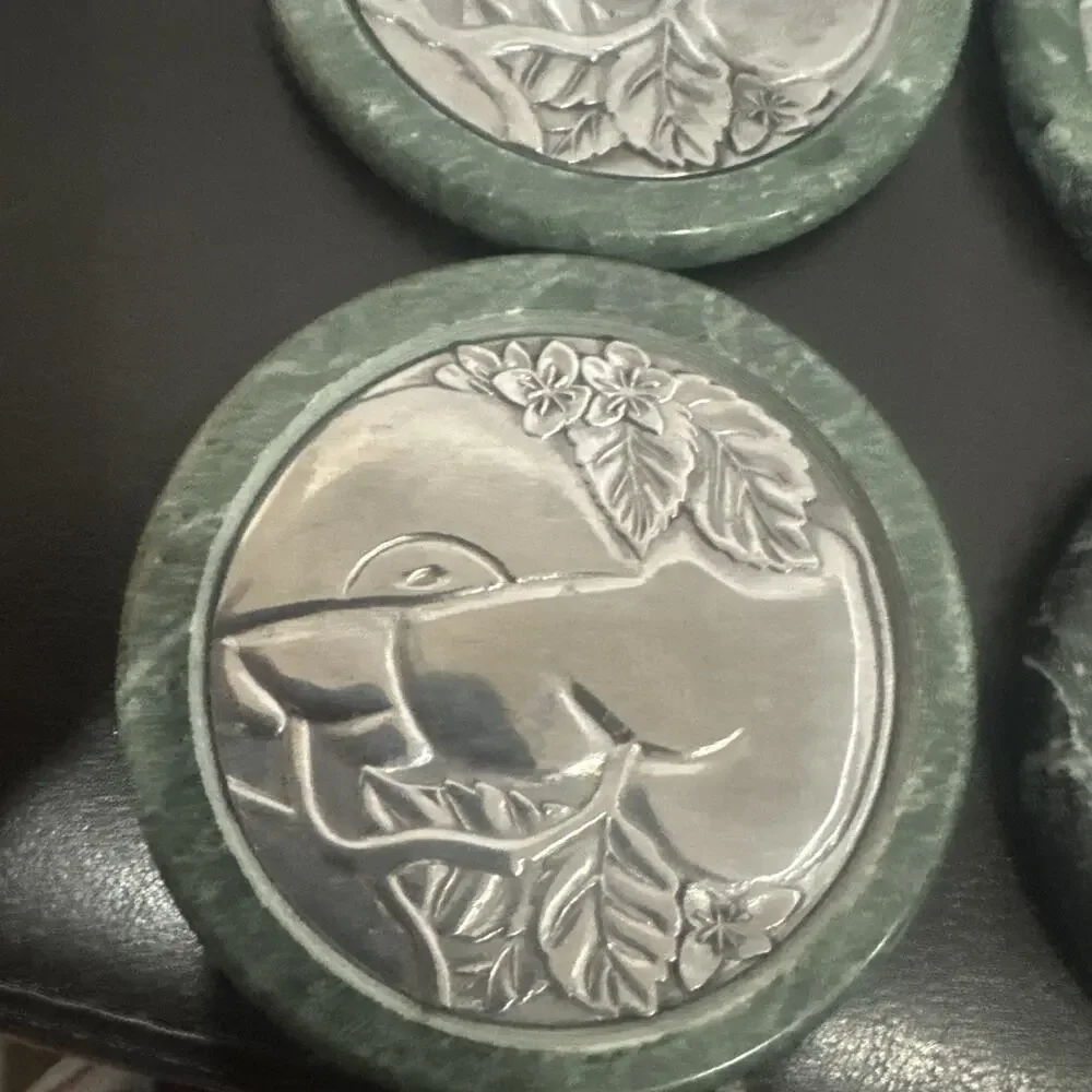 Vintage Green Marble Stone 4 Coaster Set Holder Metal Bird Design Felt Backed